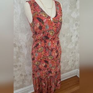 Evereve Coral Boho Floral Sleeveless Midi Dress Ruffle Hem Medium